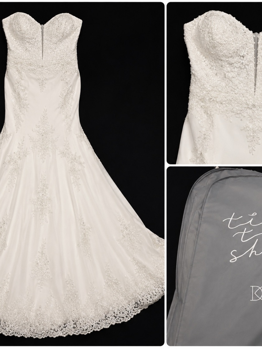 David's Bridal White Strapless Lace Appliqué Wedding Dress